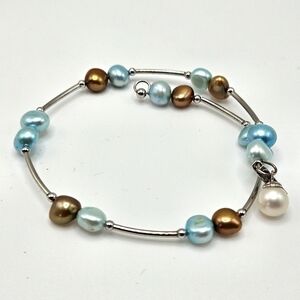 Vantel Pearls Blue Silver Tone Wrap Bracelet Signed